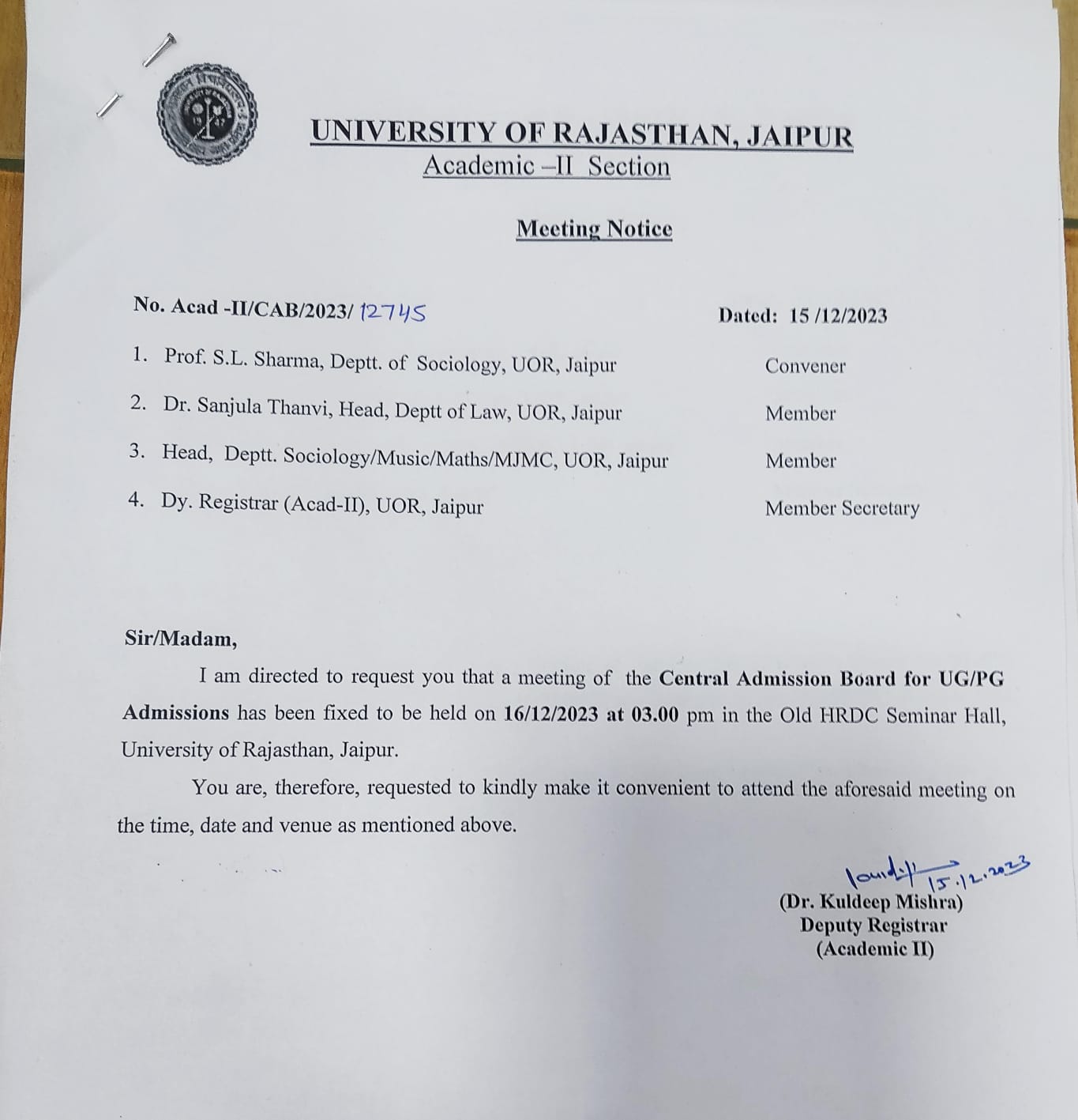 University of Rajasthan - Main Website